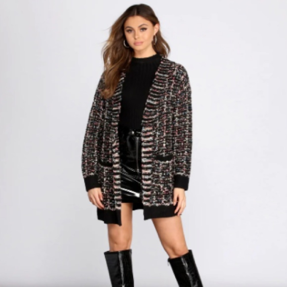 Favlux‎ Sparkle Open Front Cardigan black & cream Size L NWOT